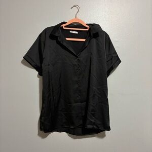Ekouaer Black Satin Button Down Short Sleeve Collared Blouse Top S